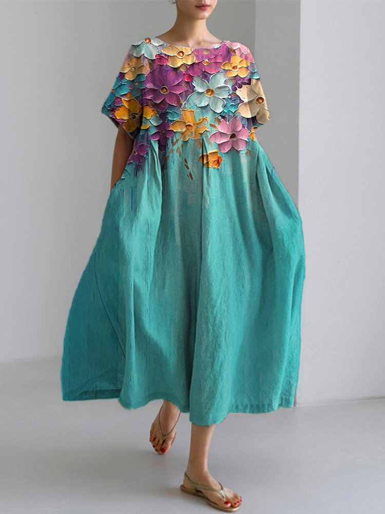 Colorful Floral Oil Painting Art Cotton Linen Dress