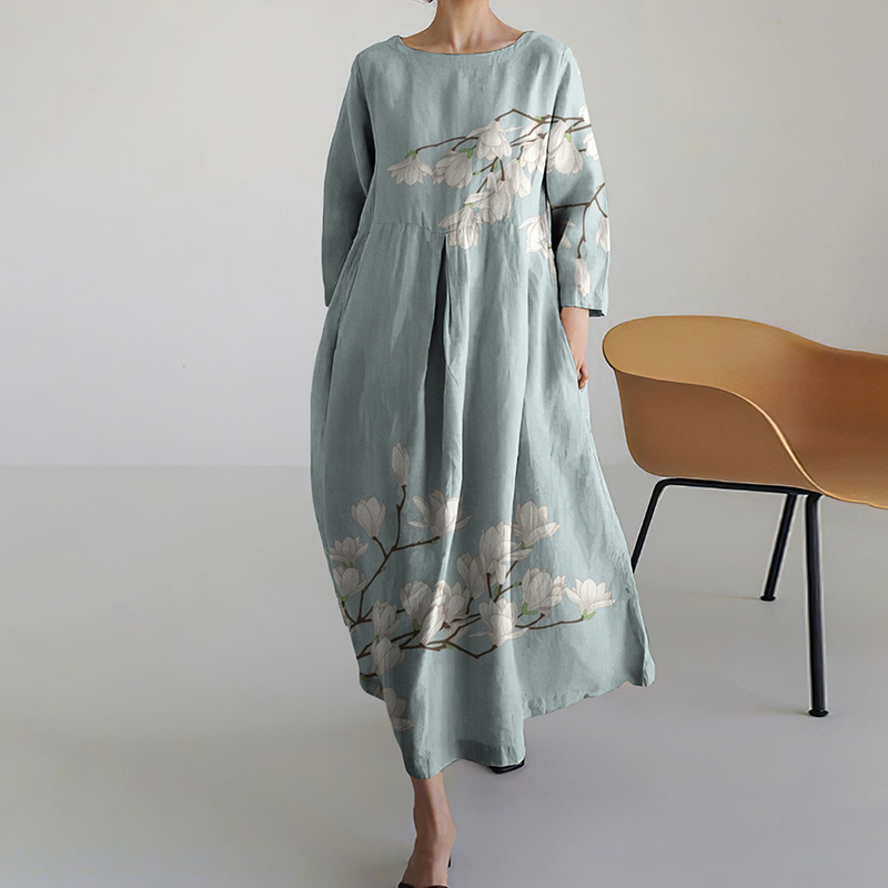Women Japanese Art Floral Pattern Linen Blend Maxi Dress