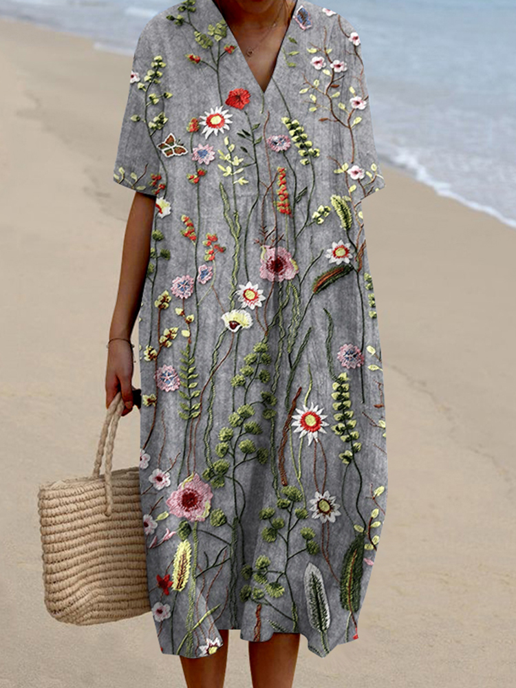 Vintage Floral Embroidery Design Printed V Neck Casual Midi Dress