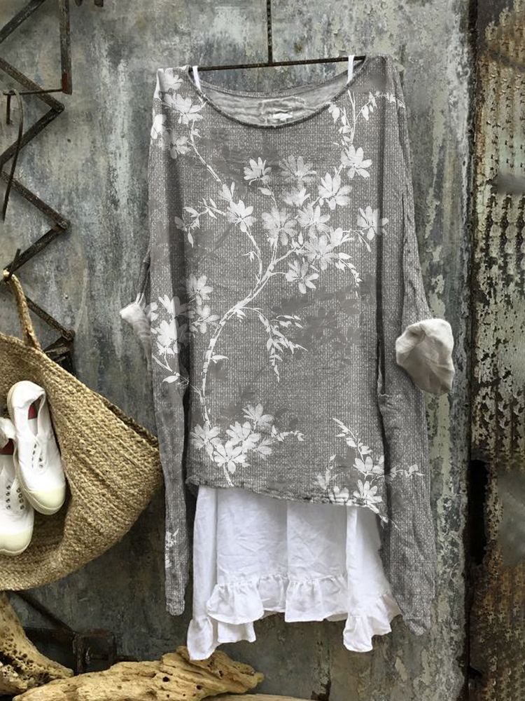Floral Japanese Art Print Linen Blend Tunic