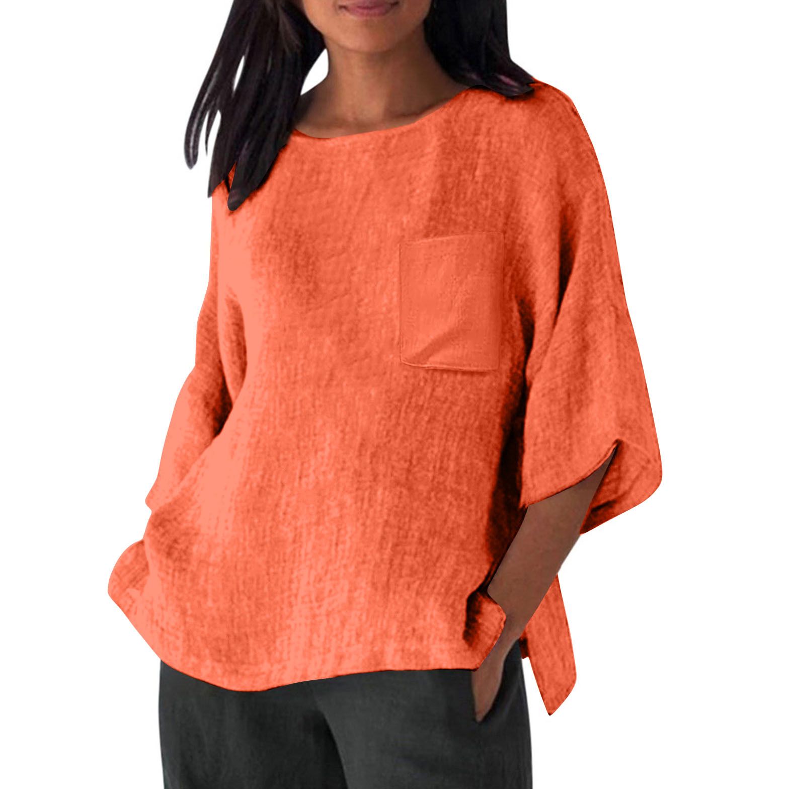 3/4 Sleeved Round Neck Pocket Loose Casual Shirt