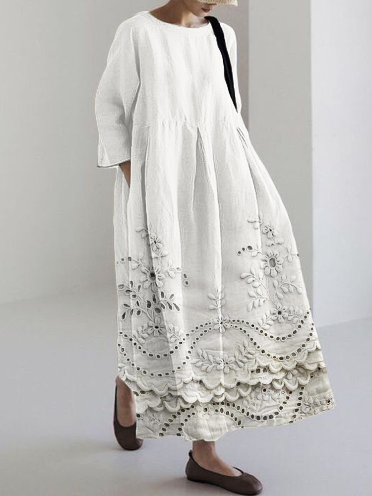 Cottage Floral Embroidered Lace Hem Linen Blend Maxi Dress
