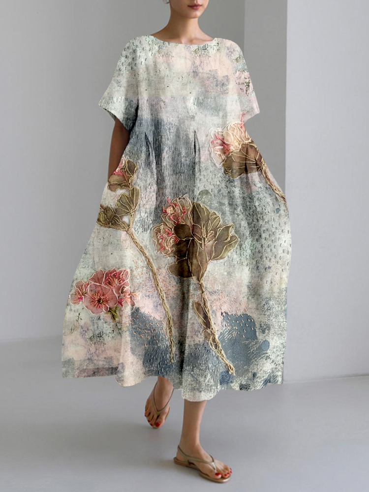 Vintage Flower Embroidered Linen Blend Maxi Dress