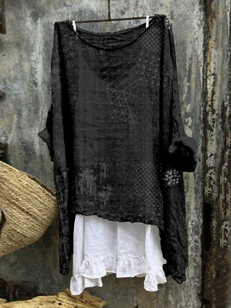 Japanese Traditional Sashiko Art Linen Blend Flowy Tunic