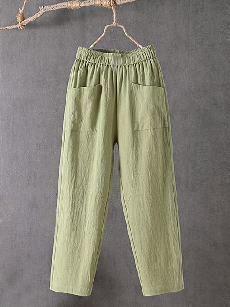 Women's Pockets Design Linen Blend Elastic Waist Pants
