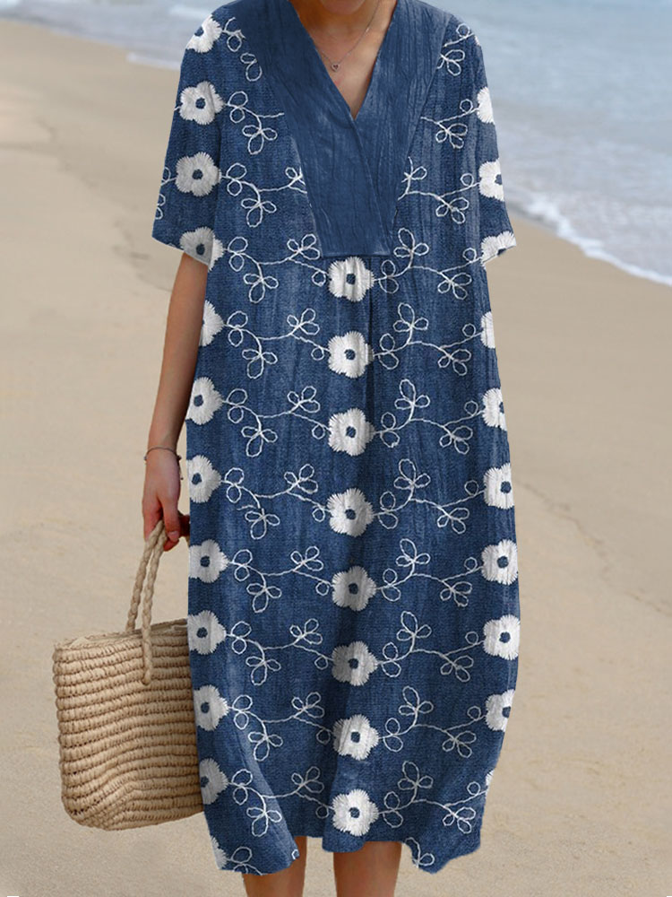 Flower Embroidery Pattern Linen Blend Dress