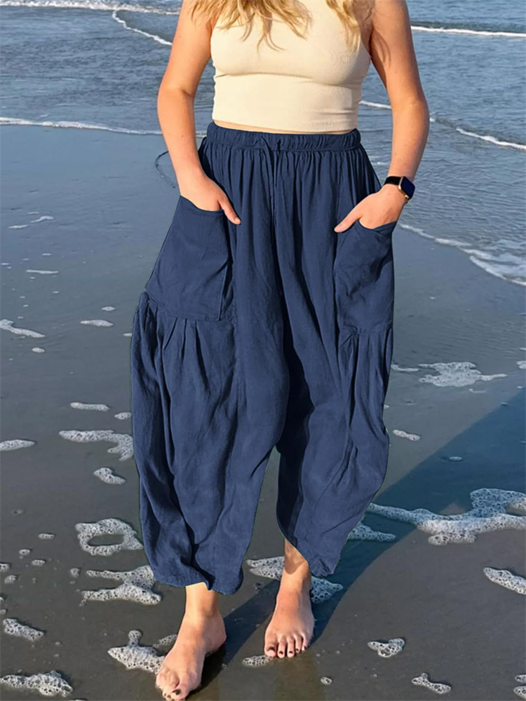 Patch Pockets Pleated Flowy Wide Leg Pants