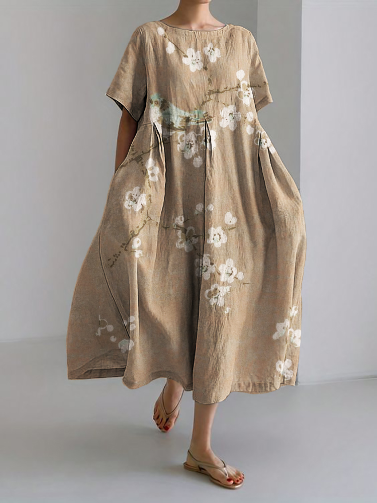 Bird on Plum Blossom Branches Japanese Linen Blend Maxi Dress