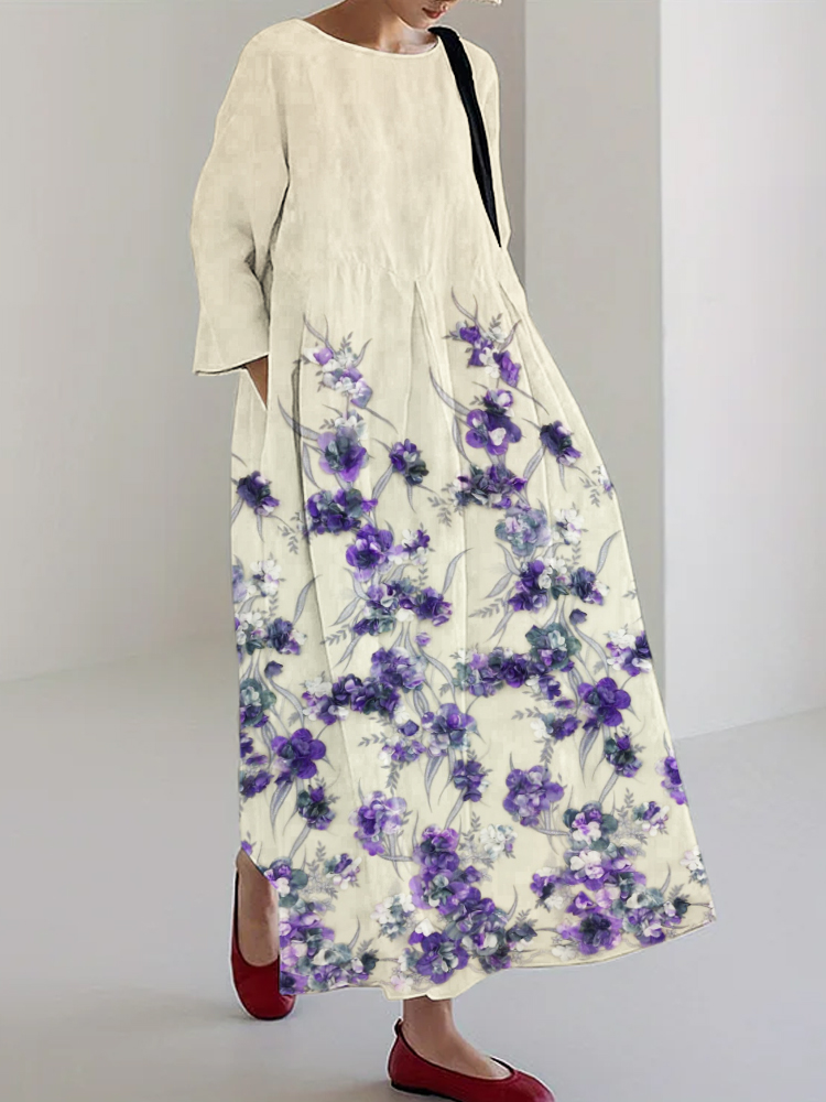 3d Floral Embroidered Women's Linen Long Dress