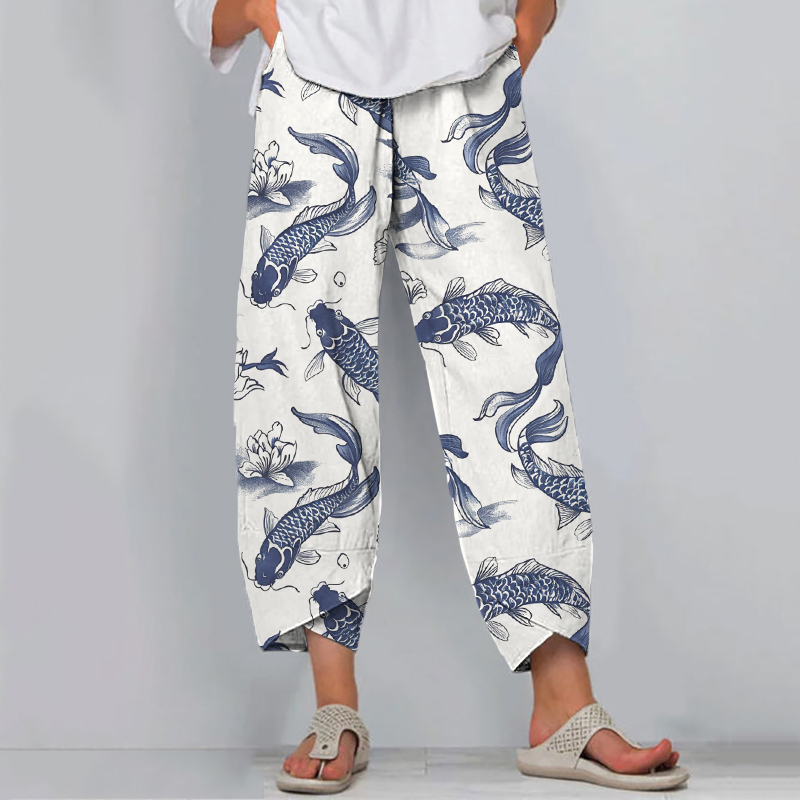 Vintage Japanese Traditional Fish Art Cropped Casual Pants