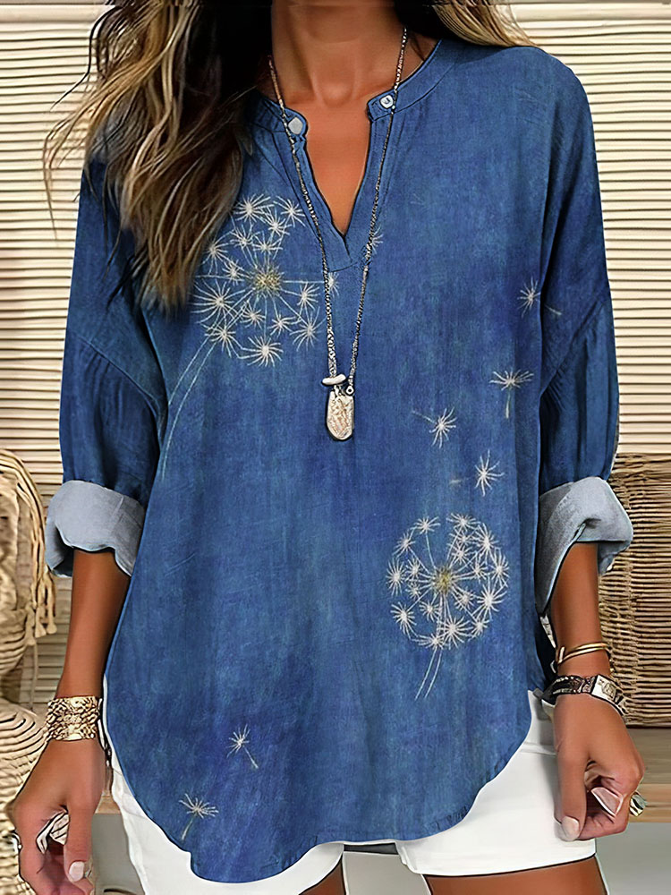 Retro Japanese Traditional Sashiko Dandelion Art Pattern Women's Linen V-Neck Shirt