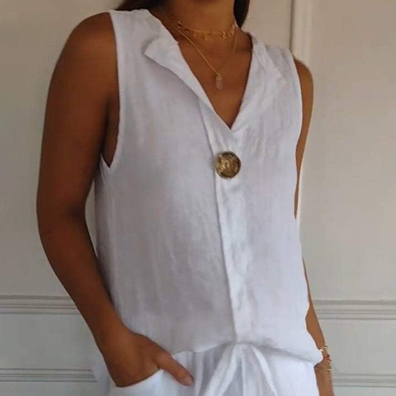 Casual cotton and linen sleeveless button v-neck top