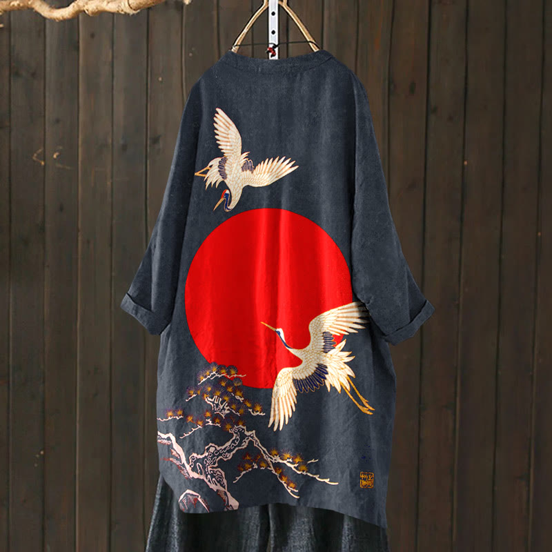 Cranes & Sunrise Japanese Art Vintage Print Cardigan