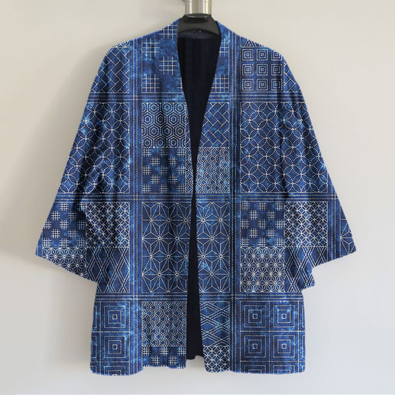 Japanese Traditional Sashiko Floral Patchwork Art Print Linen Blend Kimono Cardigan