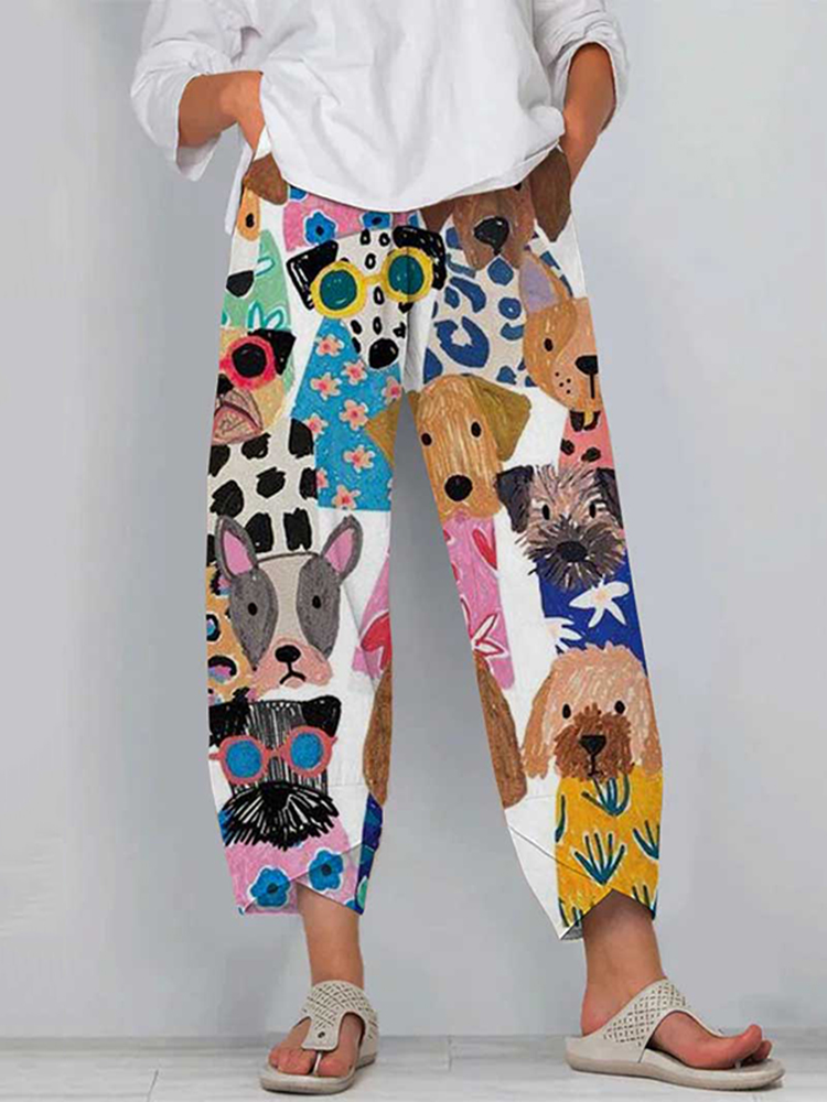 Women's Colorful Fun Cartoon Puppy Print Casual Pants