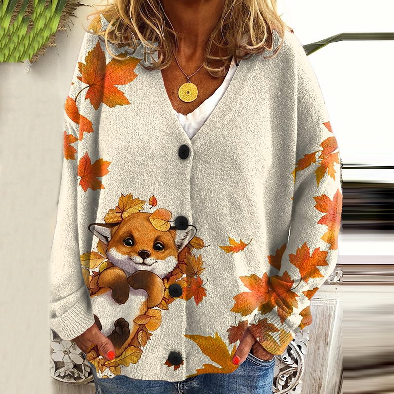 Vintage Falling Autumn Maple Leaves Cute Fox Casual Print Women's Cardigan Sweater