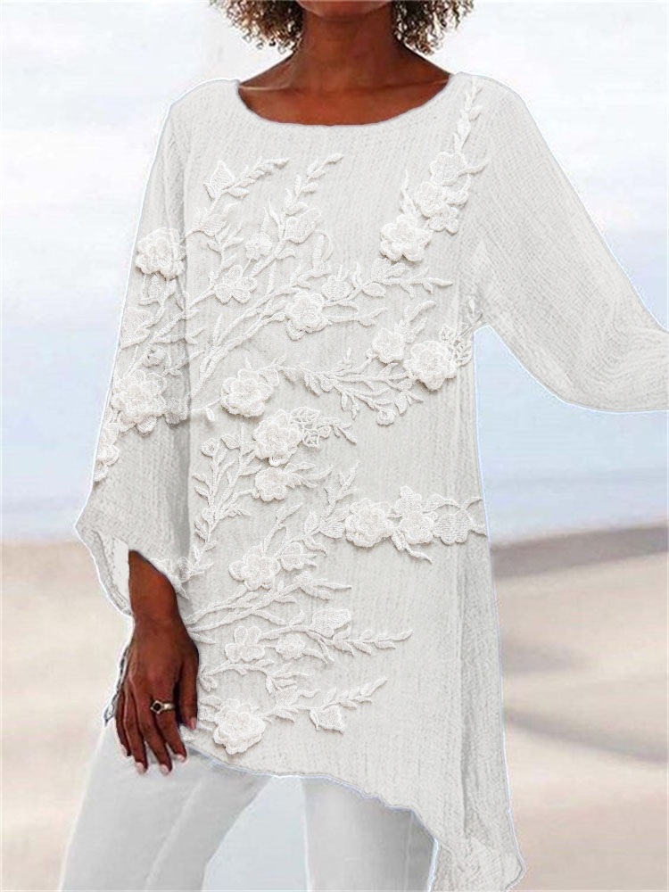 Classy 3D Floral Lace Embroidered Flowy Linen Blend Tunic