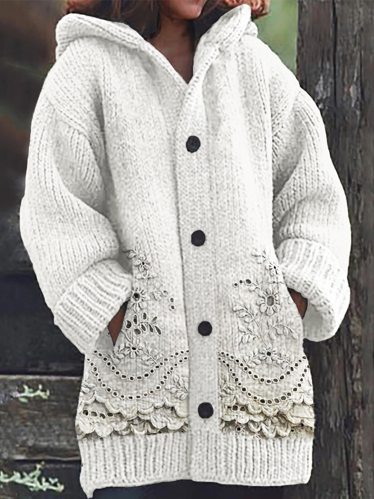 Vintage Floral Embroidered Lace Cozy Knit Hooded Cardigan