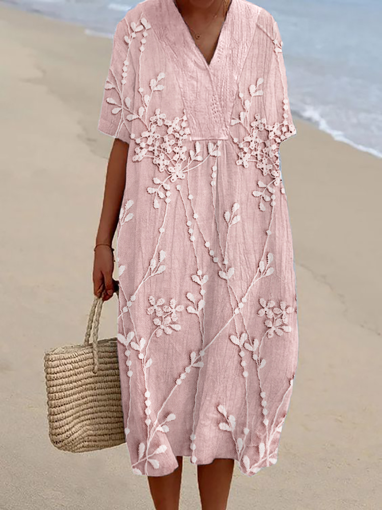 Classy Floral Lace Embroidered V Neck Linen Blend Dress