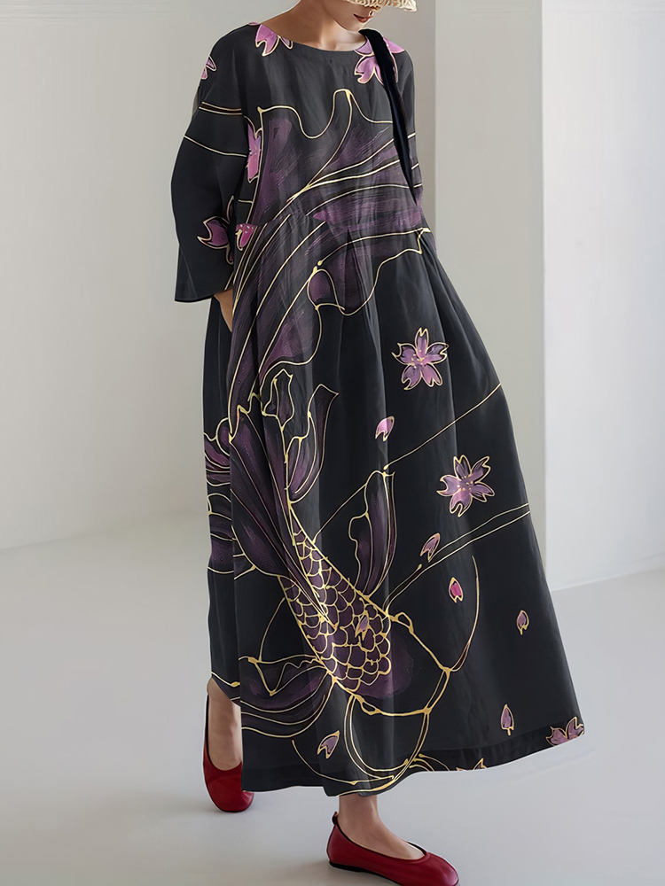 Japanese Art Fish Print Loose Midi Dress