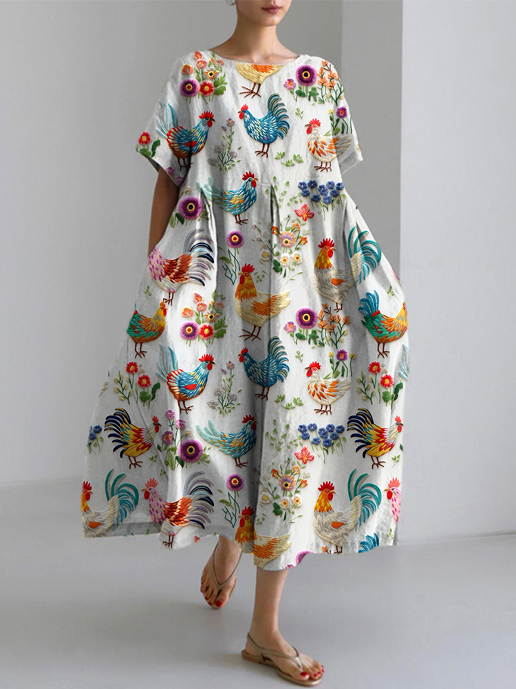 Farm Chicken And Floral Embroidery Pattern Linen Blend Dress