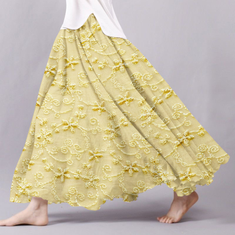 Floral Embroidered Art Print Casual Linen Blend Flowy Skirt