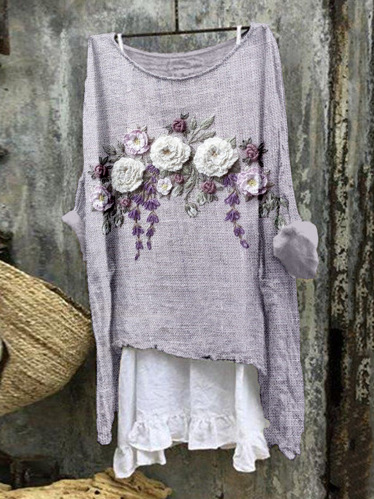 Elegant Flower Embroidered Linen Blend Tunic