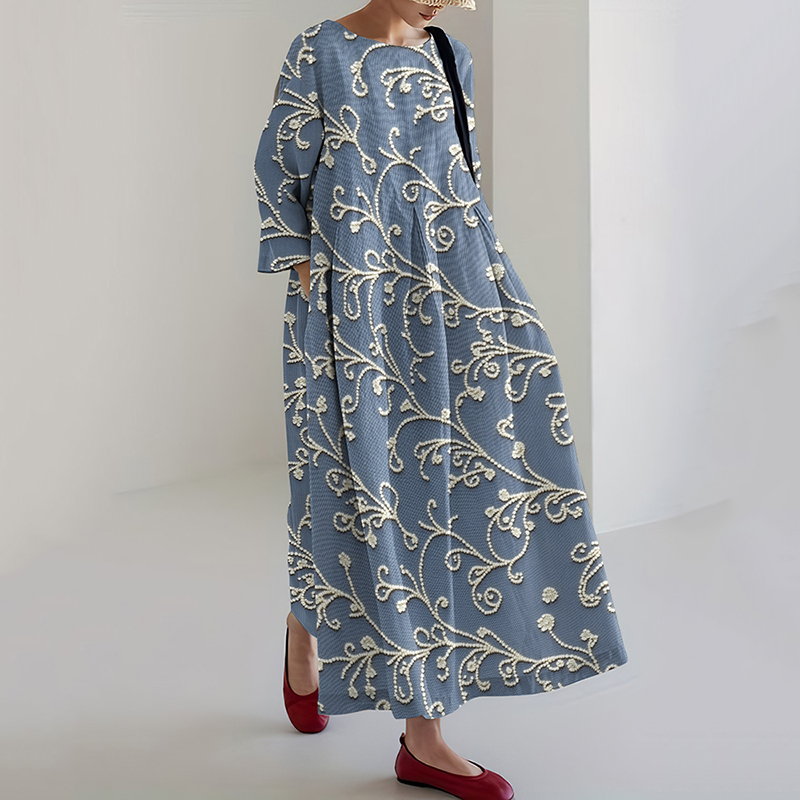 Embroidered Art Print Casual Midi Dress