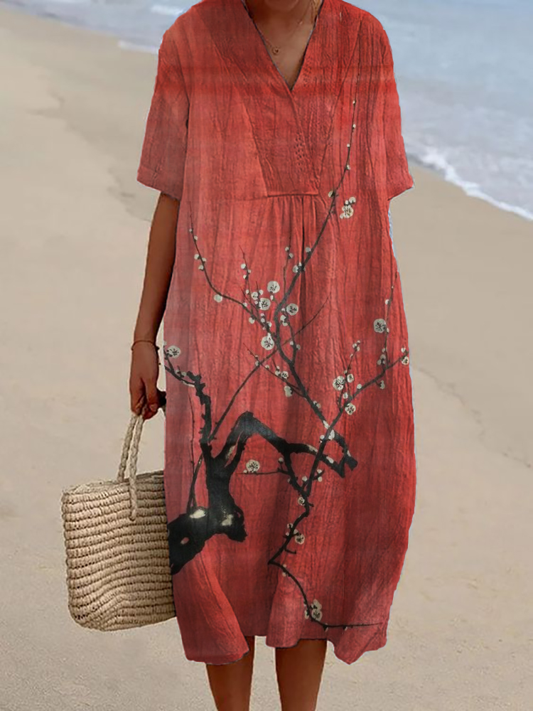 Simple Plum Blossom Japanese Art Linen Blend Dress