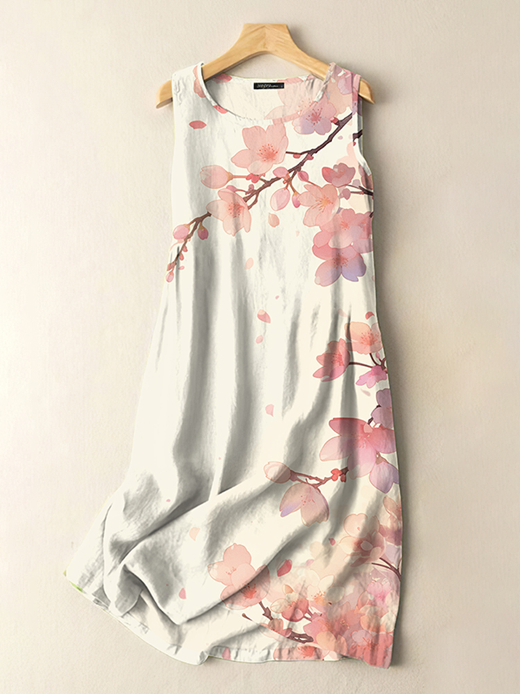 Vintage Japanese Ink Flower Art Print Sleeveless Cotton And Linen Midi Dress
