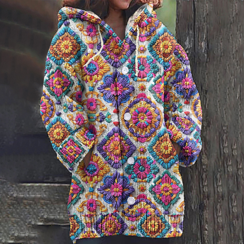 Women's Square Floral Knitted Cardigan Sweater