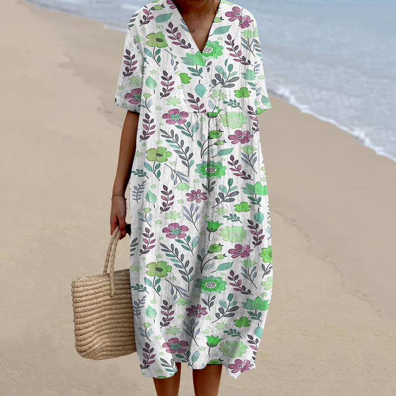 Women's Pastoral Floral Art Print Casual Cotton Linen Dress