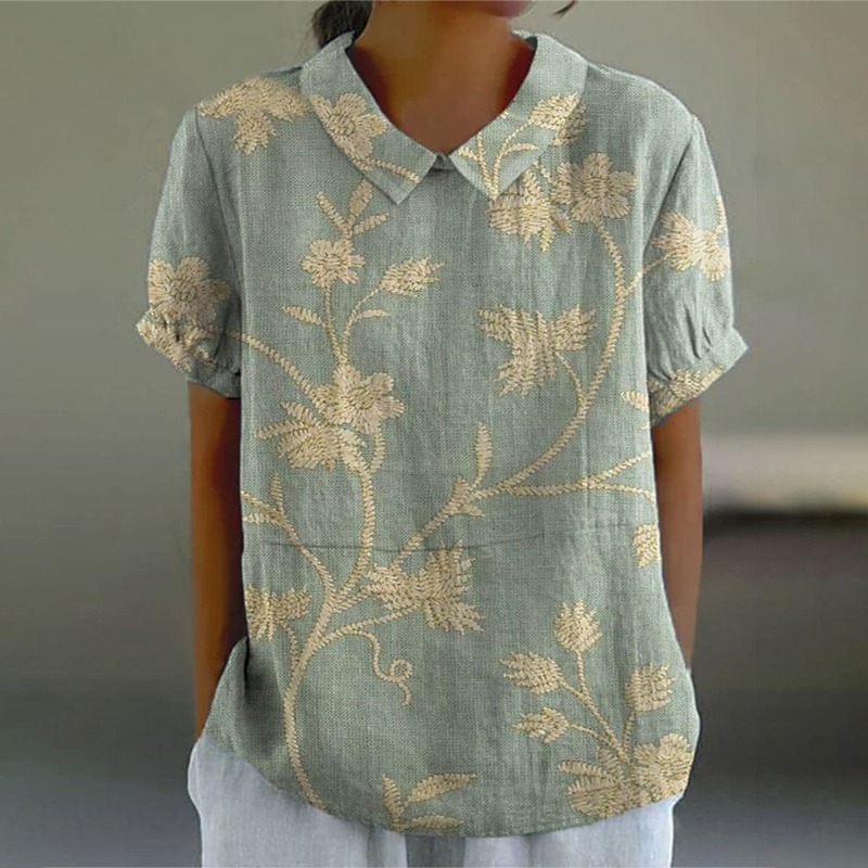 Women'S Retro Floral Art Print Casual Cotton Linen Shirt