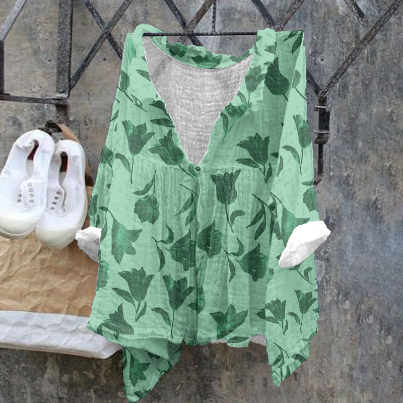 Ladies Floral Pattern Casual Cotton Linen Shirt