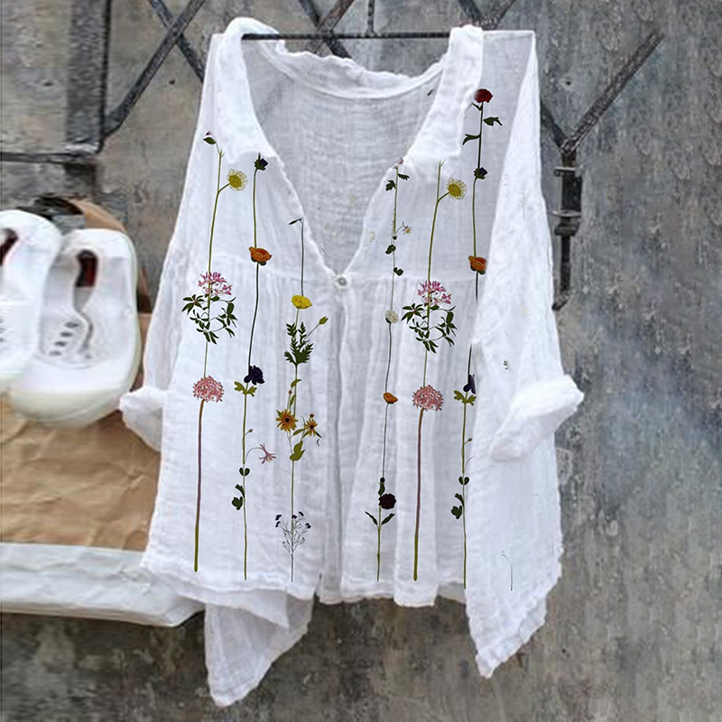 Floral Pattern Ladies Casual Floral Print Cotton Linen  Shirt