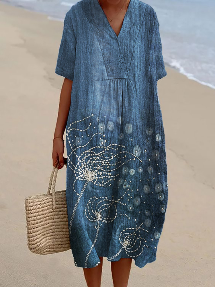 Dandelion Embroidered Denim Color Linen Blend Dress