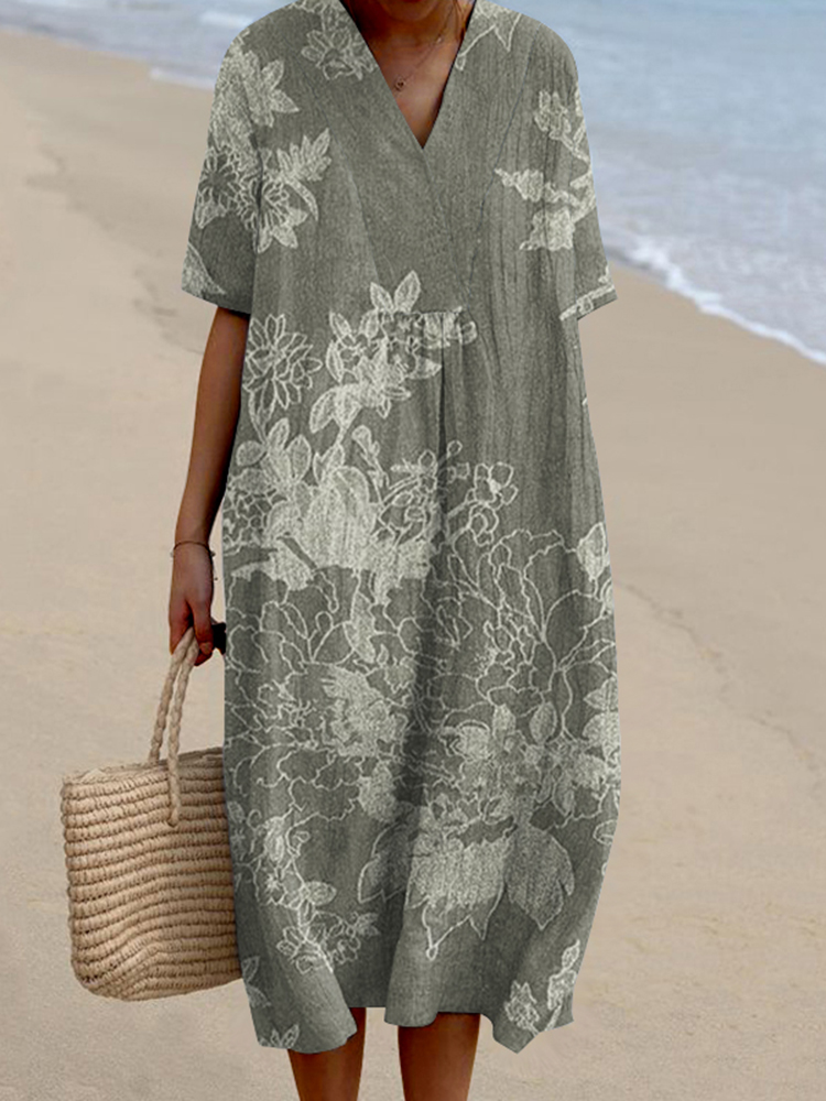 Vintage Floral Print V-Neck Loose Midi Dress