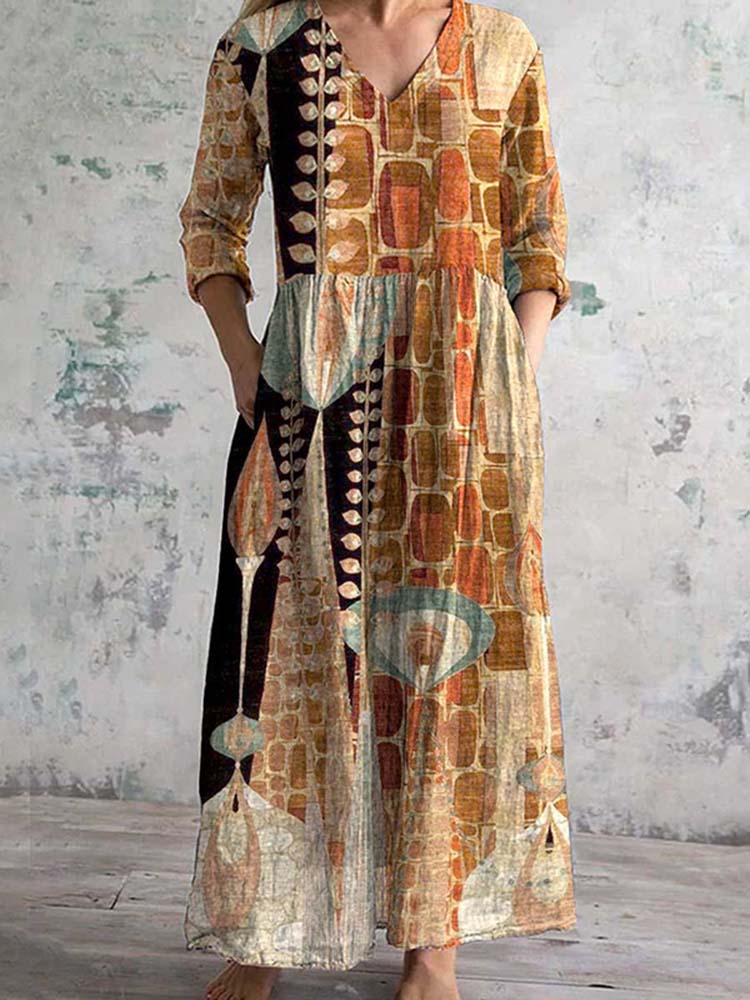 Abstract Geometric Printed V-Neck Casual Midi Dress