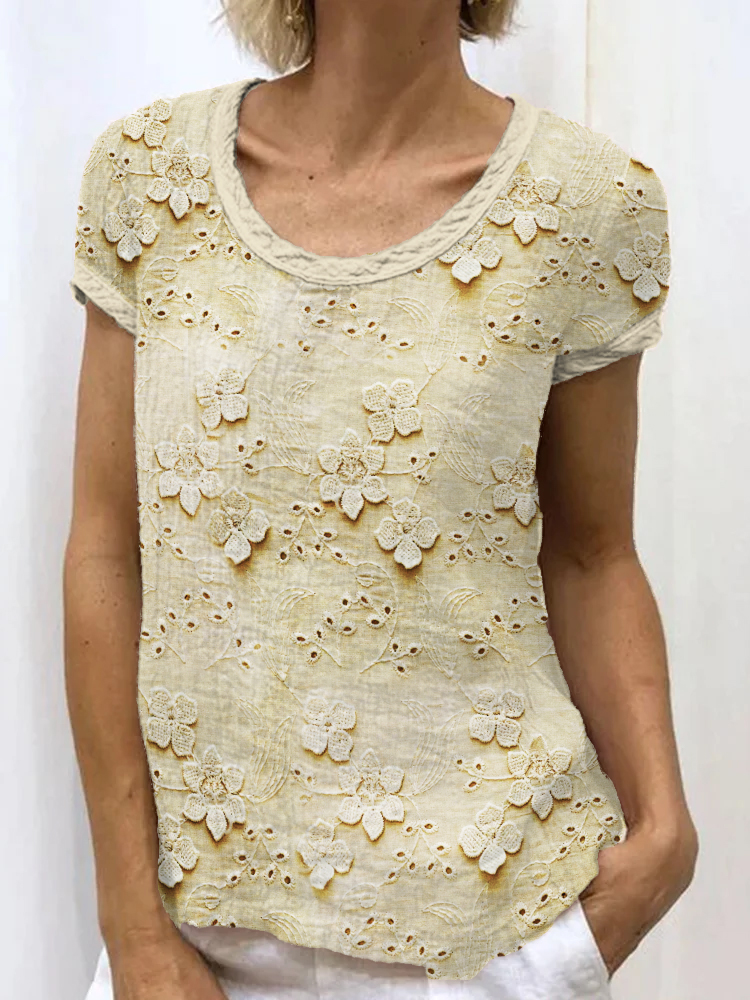 3D Floral Embroidered Lace Linen Blend Tunic
