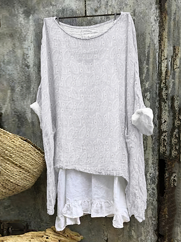 Leaf Embroidered Printed Loose Linen Blend Blouse