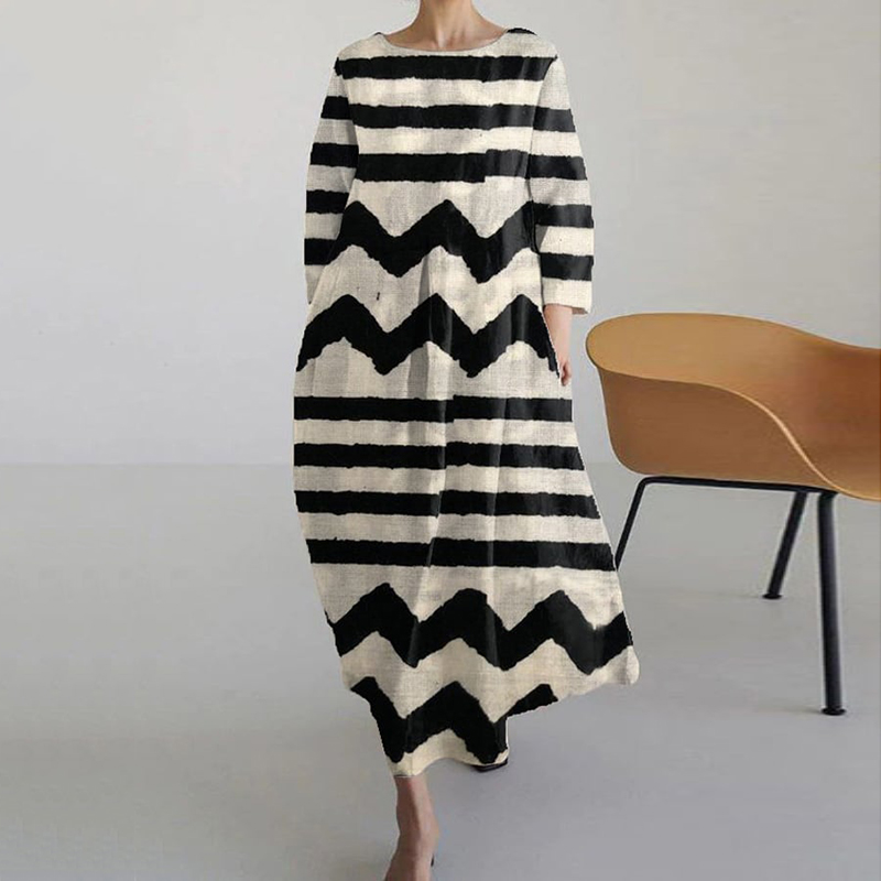 Striped Art Print Loose Casual Midi Dress