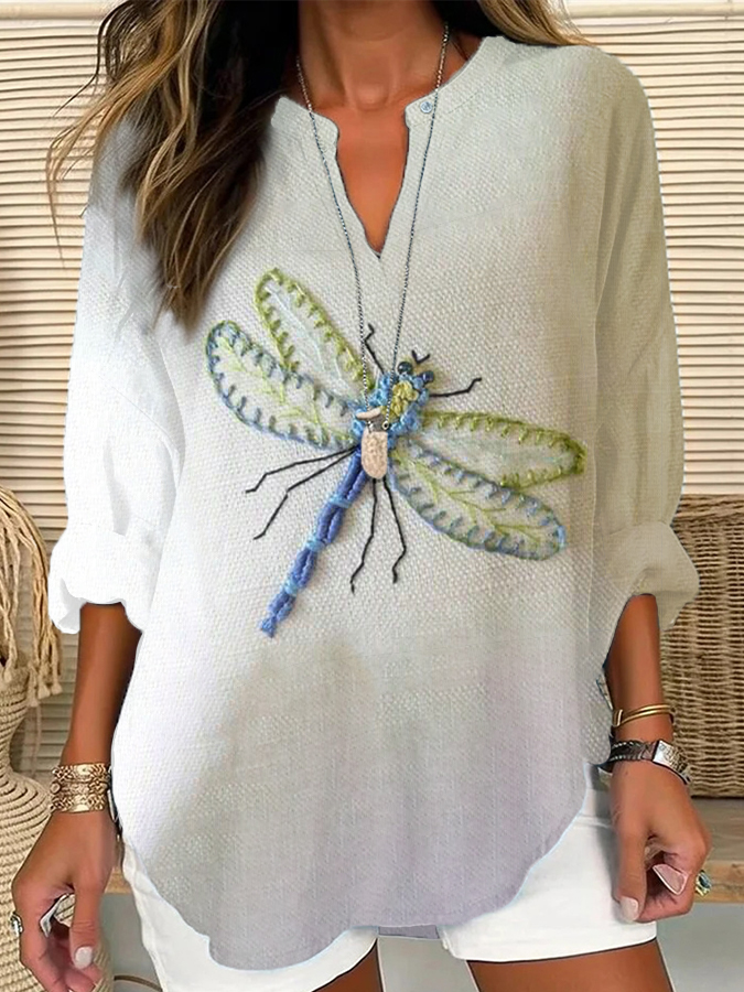 Women's Dragonfly Embroidery Pattern Linen Blend Shirt