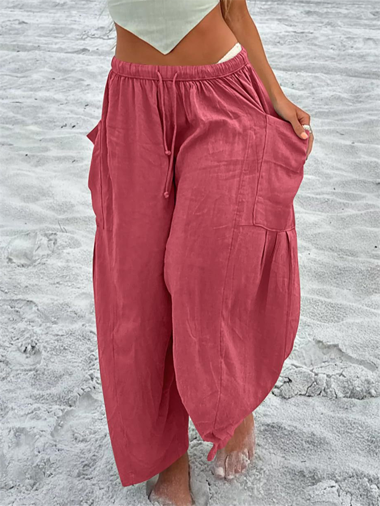 Patch Pockets Pleated Flowy Wide Leg Pants