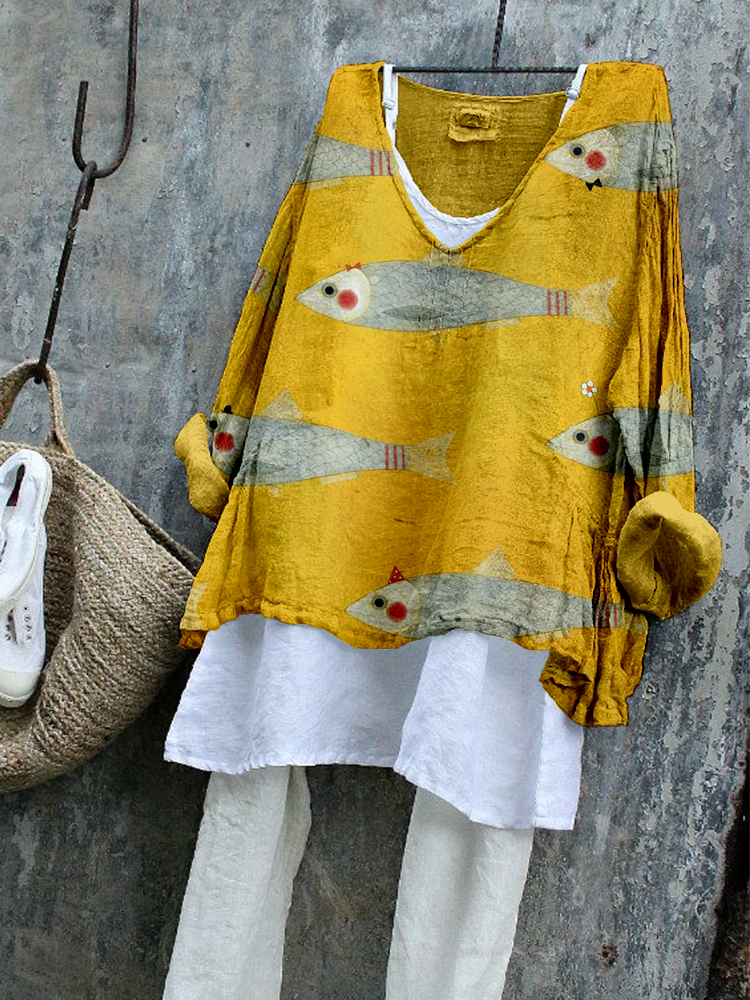 Funny Sardines Art Linen Blend Flowy Tunic