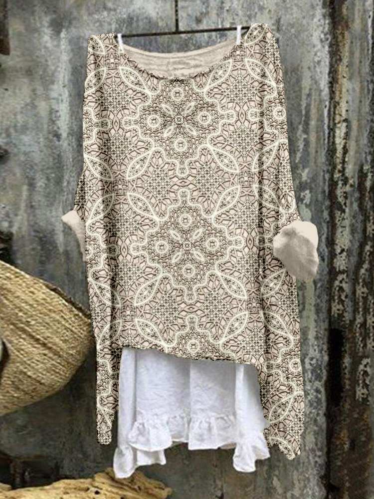 Vintage Lace Embroidered Linen Blend Flowy Tunic