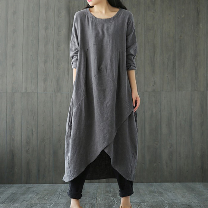 Solid Color Round Neck Irregular Hem Midi Dress