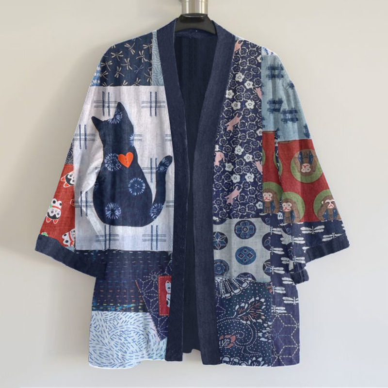 Japanese Traditional Sashiko In Cat Patchwork Art Pattern Art Print Linen Blend Kimono Cardigan