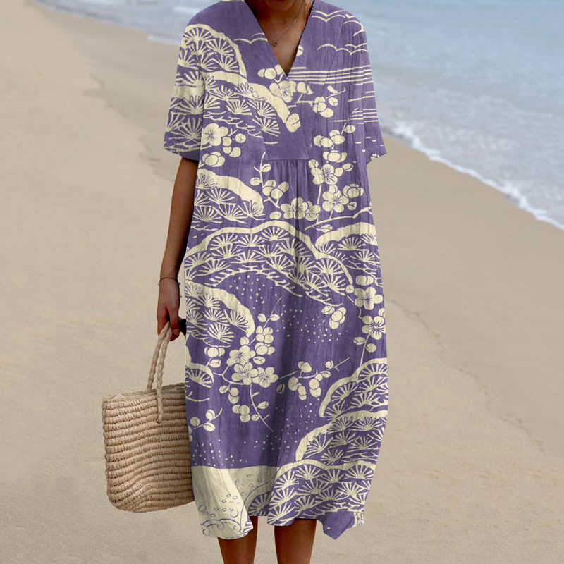 Japanese Art Plum Blossom Printed V Neck Casual Midi Dress