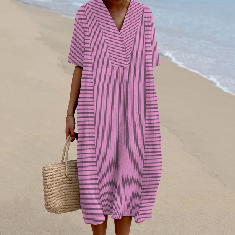 Striped Printed V-Neck Short Sleeved Loose Midi Dress