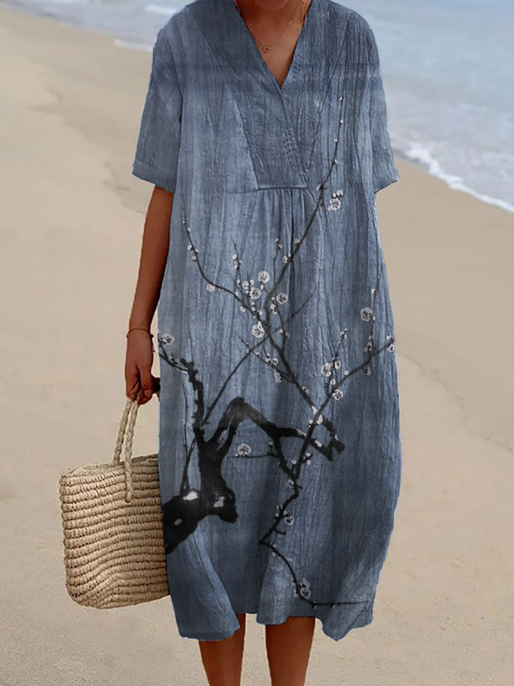 Simple Plum Blossom Japanese Art Linen Blend Dress